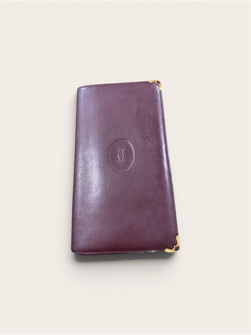 Cartier Burgundy Leather Long Wallet with Gold Corner Accents